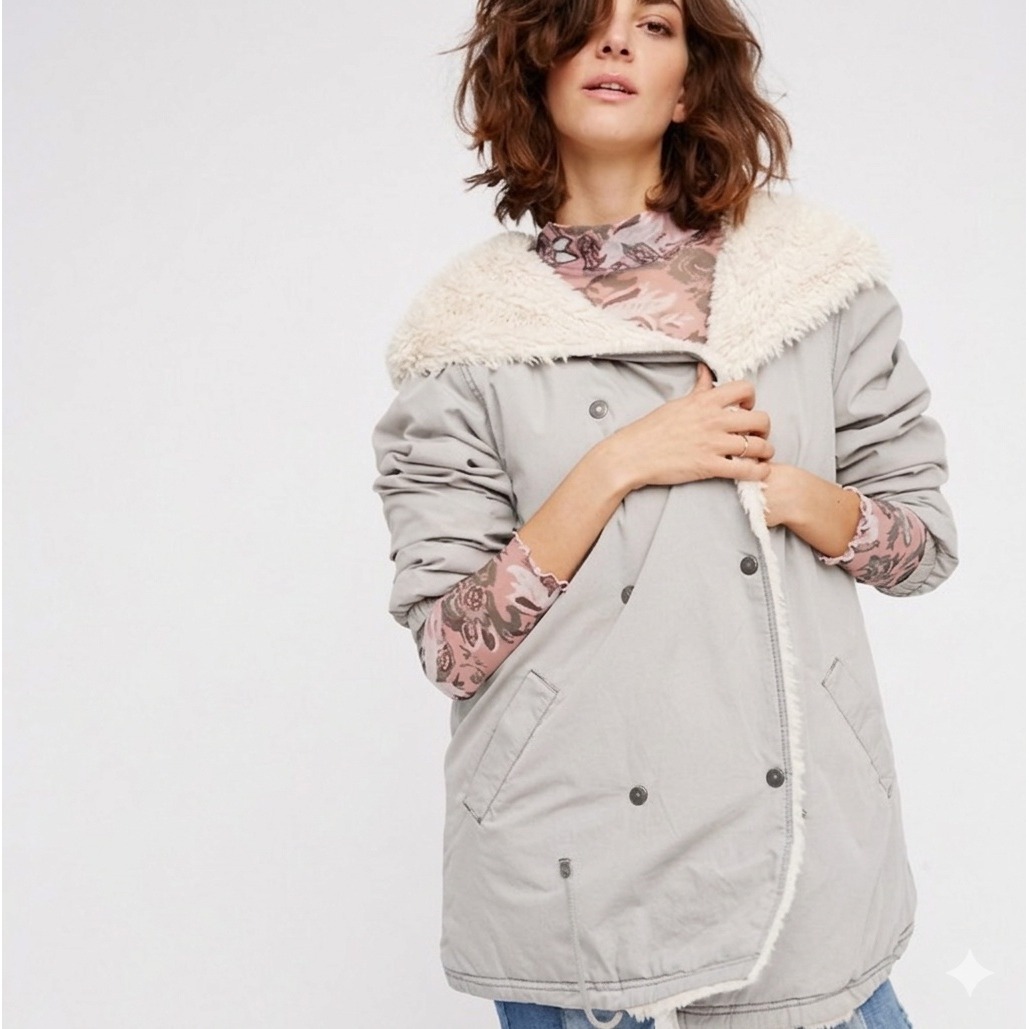Free People Grey Faux Fur Trim Hooded Parka Jacket Small Oversized Boho Utility